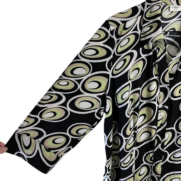 Cato Retro Pattern Button Up Blouse 22W 24W Black Tan Lime Green Circles Collar - Picture 5 of 9